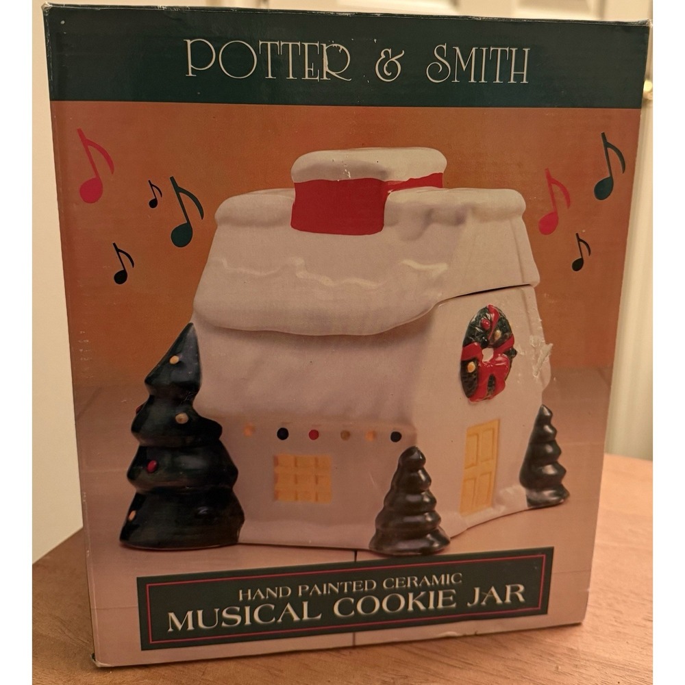 VTG‎ Potter & Smith Hand Painted CHRISTMAS COOKIE JAR CERAMIC MUSICAL SNOWHOUSE